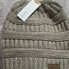 K&B Women's Beige Knit Beanie Hat Acrylic Stretch Logo Solid One Size