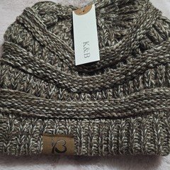 K&B Women’s Brown/Beige Heathered Knit Beanie Hat Acrylic Logo One Size
