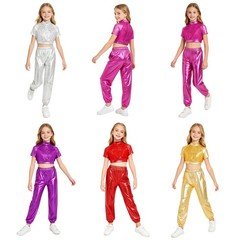Kids Girls Jazz Dance Sequins Metallic Crop Top with Pants Performance Costume 