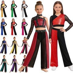 Kids Jazz Dance Party Costume Asymmetrical Top with Split Bottom Chiffon Pants