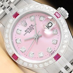 LADIES ROLEX DATE PINK RUBY DIAMOND 18K WHITE GOLD STAINLESS STEEL WATCH