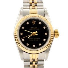 Ladies Rolex Two-Tone 18K/SS Oyster Perpetual Watch Black Diamond Dial 67193 Ladies Rolex Two-Tone 18K/SS Oyster Perpetual Watch Black Diamond Dial 67193