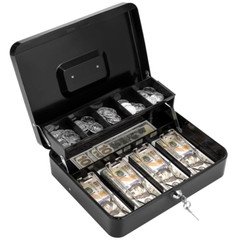 Large Cash Box with Money Tray and Lock, Metal Money Box for Cash, Lockbox 11.8