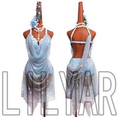 Latin Dance Performance Clothing InLake Blue Sparkling Diamonds Slim and Backles