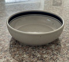 Lauffer Stoneware Speckled Bowl White/Blue Rim 7” Round Oven Safe