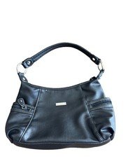 Laura Scott Black Faux Leather Women’s Shoulder Bag Silver Hardware Zip Pockets