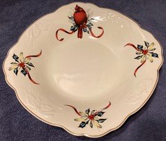 Lenox Winter Greetings Carved Low Bowl Square 10.75" w/Cardinal, Scalloped Edge