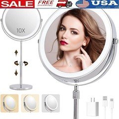 Lighted Makeup Mirror 10X Magnifying Height Adjustable 3 Color 360° Rotation New