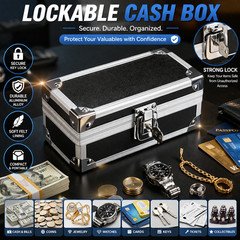 Lockable Cash Storage Box Aluminum Alloy Money Organizer Safe Key Jewelry Case