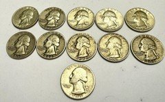 Lot of 11 Washington Silver Quarters - 90% Silver - $2.75 Face Value - 1945-1964