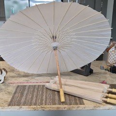 Lot of 4 White Paper Parasols/Umbrellas with Wooden Handle and Wood Handle