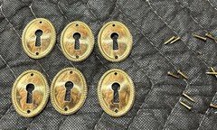 Lot of 6 Vintage Brass Oval Keyhole Escutcheons with Rope Border & Mounting Pins