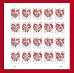 Love Quilled Paper Heart Forever Stamp, Sheet of 20, MHN, Scott 5036, Wedding