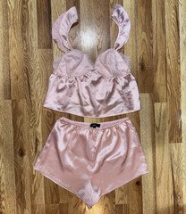 Lulus Keona Satin Lace Ruffled Two-Piece Pajama Set Women’s S Pink