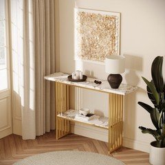 Luxury Gold Metal Frame Console Table , Chic Entryway Table with Storage Shelf