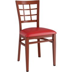 Mahogany Window Back Metal Restaurant Chair with Red Vinyl Seat Cushion
