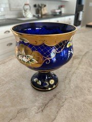 Maldek Bohemia Czech Cobalt Blue Glass Pedestal Bowl Hand Painted Gold Enamel