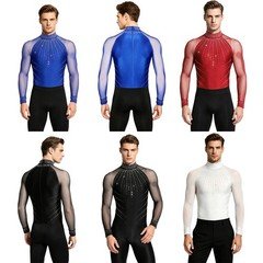 Men Bodysuit One-piece Dancewear Training Leotard Long Sleeve Competition Mesh