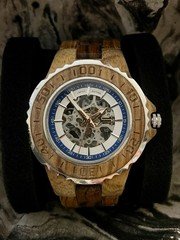 Men's Automatic Mechanical Skeleton Dial Wood Bracelet Exhibition Caseback