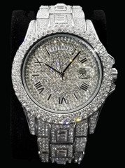 Men’s Iced Out Diamond Bezel Silver Tone Roman Dial Analog Day/Date Watch