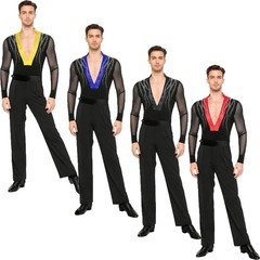 Mens Outfits Color Block Set Ballet Dancewear Leotard Mesh Salsa Sheer Samba
