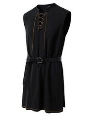Men's Renaissance Pure Cotton Lace Up Tunic Costume Sleeveless Medium Black