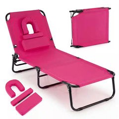 Metal Folding Beach Chair Lounge Chair with Face Hole Pillows and 5-Position Adj