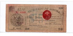 Mexican Revolution 1913 Hermosillo, Mexico El Estado de Sonora 5 Pesos Currency
