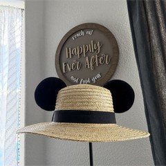 Mickey Mouse Disney Women’s Straw Wide Brim Sun Hat Bow Beige/Black One Size