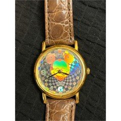 Mickey Mouse Quartz Gold-Tone Watch with Brown Leather Strap and Multicolor Dial