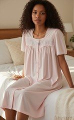 Miss Elaine VTG 80s Cotton Blend Nightgown Robe Large Pink Embroidered Button