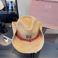 Miu Miu Tan Woven Raffia Cowboy Sun Hat Red Stripe Band Miu Miu Letter Logo