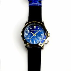 MIYKON Quartz Analog Wristwatch Blue Dial Gold Case Black Silicone Strap 3ATM