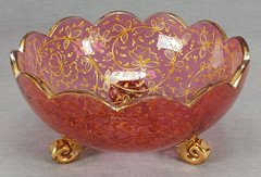 Moser Type Bohemian Raised Gold Floral Scrollwork Cranberry Glass Small Bowl 