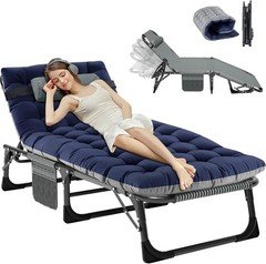 NAIZEA Camping Cot 4 Gears Adjustable Folding Chaise Chair Bed w/Mattress Pillow