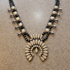 Native American Style Squash Blossom Necklace Faux White Turquoise Silver Tone