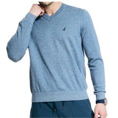 Nautica Navtech Men's Heathered Blue V-Neck Knit Logo Sweater Size Large