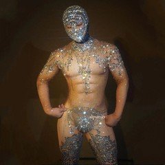 New Men Rhinestones Elastic Sexy Jumpsuit Dance Bodysuit Stage Wear Costume