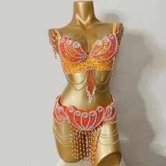 New Sequins Beaded Samba Belly Dance Costume Carnival EDC Outfit Bra Belt Orange