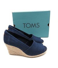 New-Toms Michelle Navy Dark Denim Wedge Peep-Toe Shoes Size 7.5