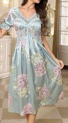 NEW XL French Retro Satin Floral Print Petal Sleeve Lace Waist V-Neck Nightgown