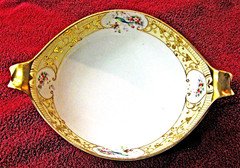Nippon M-in-Wreath Oval Bowl Pink Floral Blue Bird Raised Gold 2-Large Handles