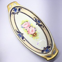 Nippon Moriage Open Handled Oval Serving Bowl Dish 11 1/2” cobalt blue pink rose
