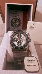 Nivada Grenchen Autochron Chronograph Tachymeter 200m 38mm Steel Box Papers