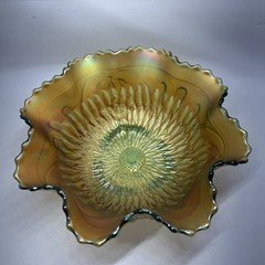 NorthWood Sunflower Carnival Glass Marigold/Green Spatula Footed Ruffled Bowl