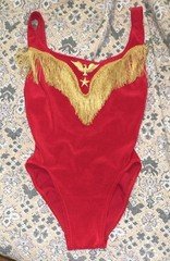 NOS Bill Blass Women's Red  Leotard w/ Gold Fringe Trim Polyester Lycra size 10