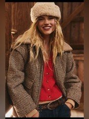 NWT We The Free Houndstooth Bomber Jacket with Cream Sherpa Collar