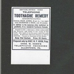 Old Paper Dental Label Telephone Toothache Remedy Robert Horn Allentown PA