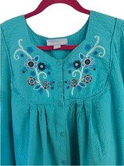 Only Necessities Lounging Dress Mumu Size L 18-20 Turquoise Embroidery Midi SS