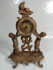 Ornate Art Nouveau Clock Cast Metal Gilt Gold Boy Girl Cherub-Keeps Correct Time